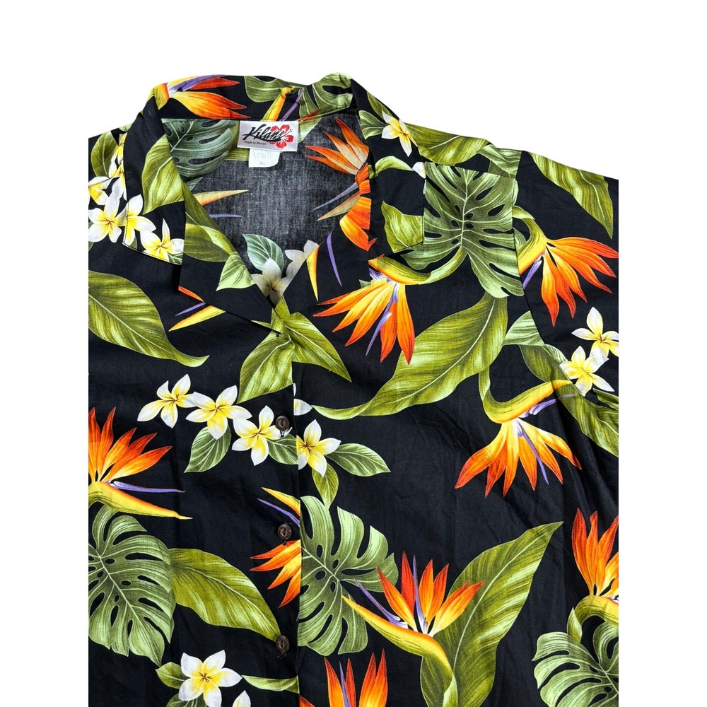 Kilani Hawaiian Shirt Mens XL Black Bird of Paradise Floral Cotton Hawaii Made